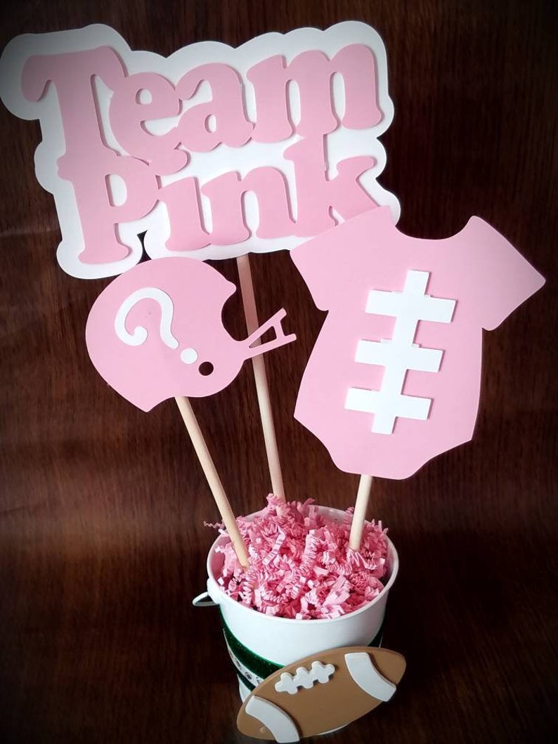 football shower decor gender reveal centerpiece football gender reveal football baby shower Team Blue Pink Baby shower centerpiece