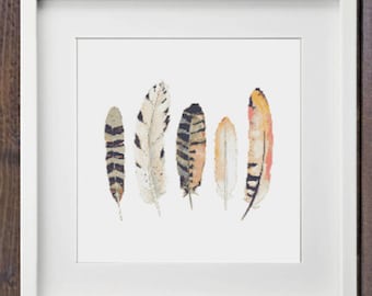 May include: A framed print featuring a watercolor painting of six colorful feathers. The feathers are arranged vertically in a row, with the tips pointing upwards. The background is white.