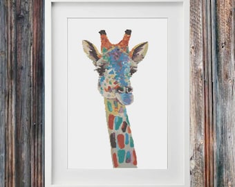 May include: A colorful giraffe with a blue, green, orange, and red pattern on its neck. The giraffe is looking to the left of the image.