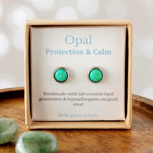Green Opal Stud Earrings, Hypoallergenic Surgical Steel, October Birthstone