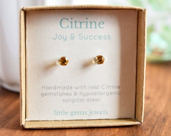 Citrine Earrings, Tiny Gemstone Studs, New Job Gift For Her, Farewell Gift For Coworker,