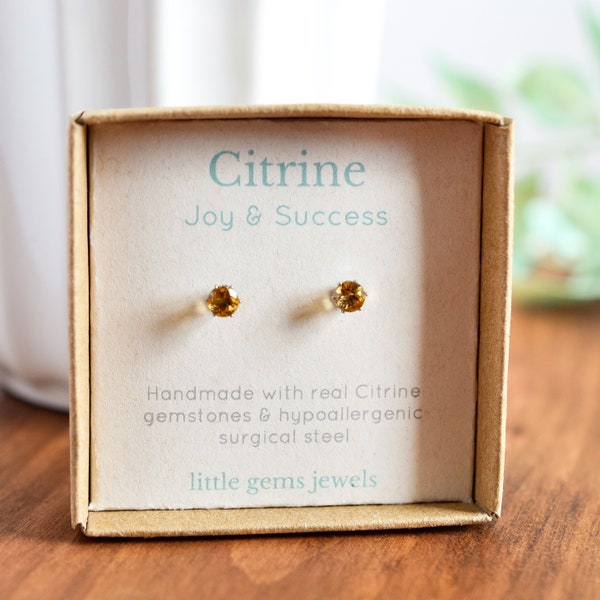 Citrine Earrings, Tiny Gemstone Studs, New Job Gift For Her, Farewell Gift For Coworker,