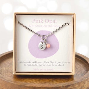 Personalized Pink Opal Initial Necklace, Stainless Steel Chain, October Birthstone