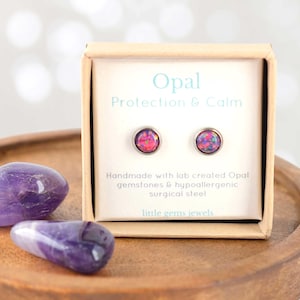 Purple Lab Opal Stud Earrings Hypoallergenic, Surgical Steel For Sensitive Ears, Birthday Gift For Friend,
