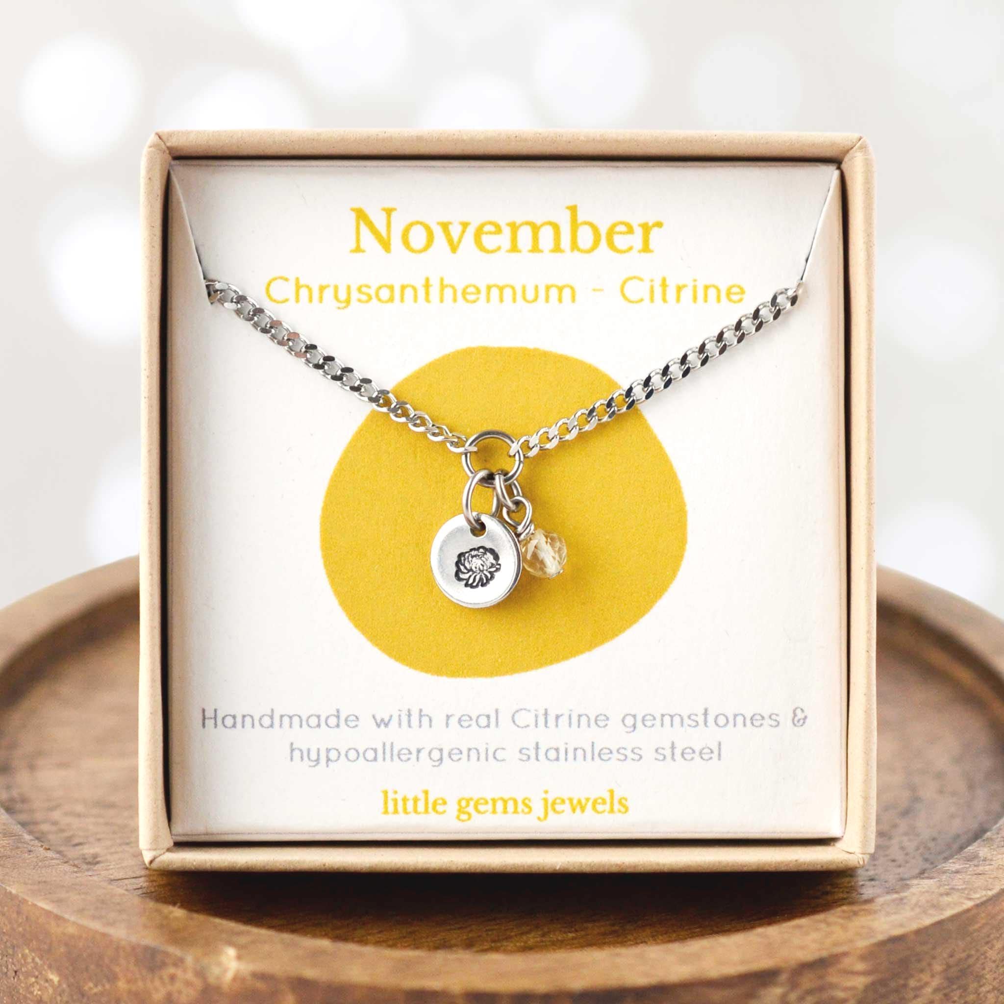 November Birthflower Necklace, Chrysanthemum Flower & Citrine Birthstone Pendant, Birthday Gifts For Women,