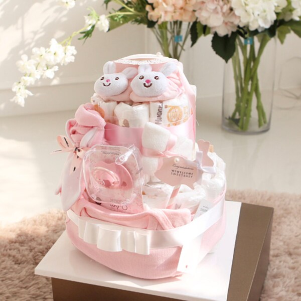 Hello Bunny Diaper Cake For girl | Baby Shower Gift Bundle set | New born baby Mom-to-be Gift Basket | Nursery decor Hospital Centerpiece
