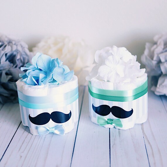 Mustache Mini Diaper Cake Baby Shower Centerpiece Decoration Boys Nursery Decor Little Man Blue Green New Mom Unique Gifts Bows
