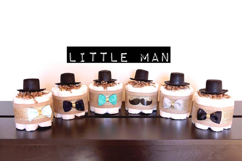 Little Man Mini Diaper Cake With Hat Baby Shower Centerpieces Decorations Boys Nursery Unique Gifts Gold Black Blue Grey Teal Mustache