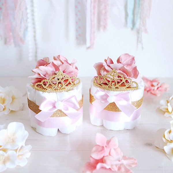 Pink & Gold Princess MINI Diaper Cake / Baby Shower Centerpieces decorations / Girls Room Nursery Decor / New mom unique gifts / Tiara Crown