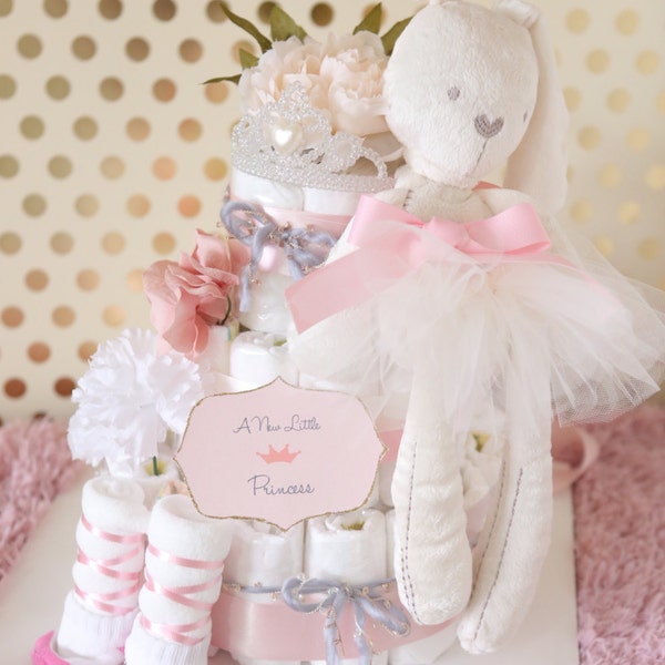 Baby Girl Light Pink Diaper Cake with Bunny Plush Toy / Baby Shower Centerpiece Decoration / New Baby Gift / Tutu Tulle Wrapping