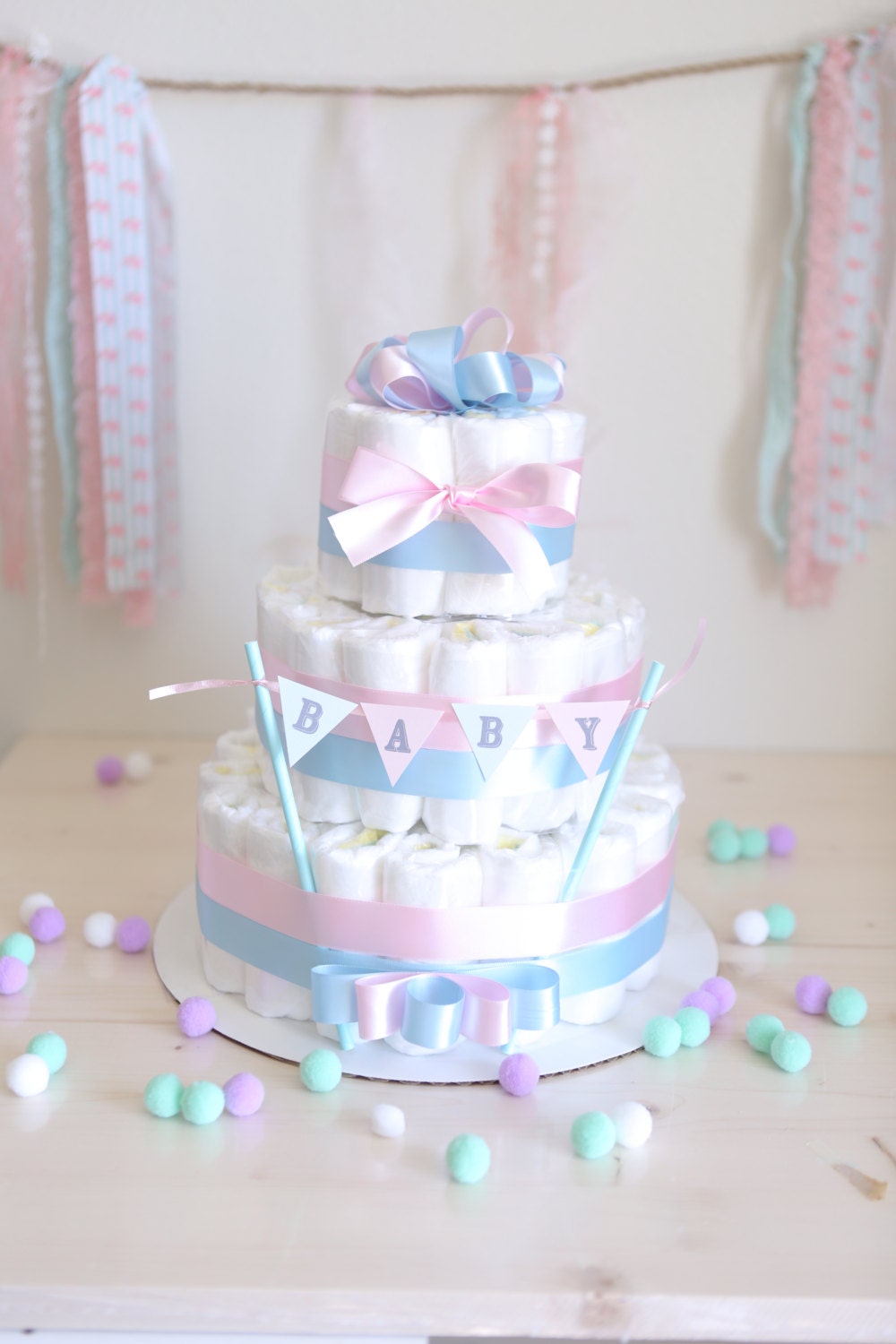 2 TIER Diaper Cake Baby Shower Gift Set Newborn Party Decor 40 PC Girls Pink NEW 