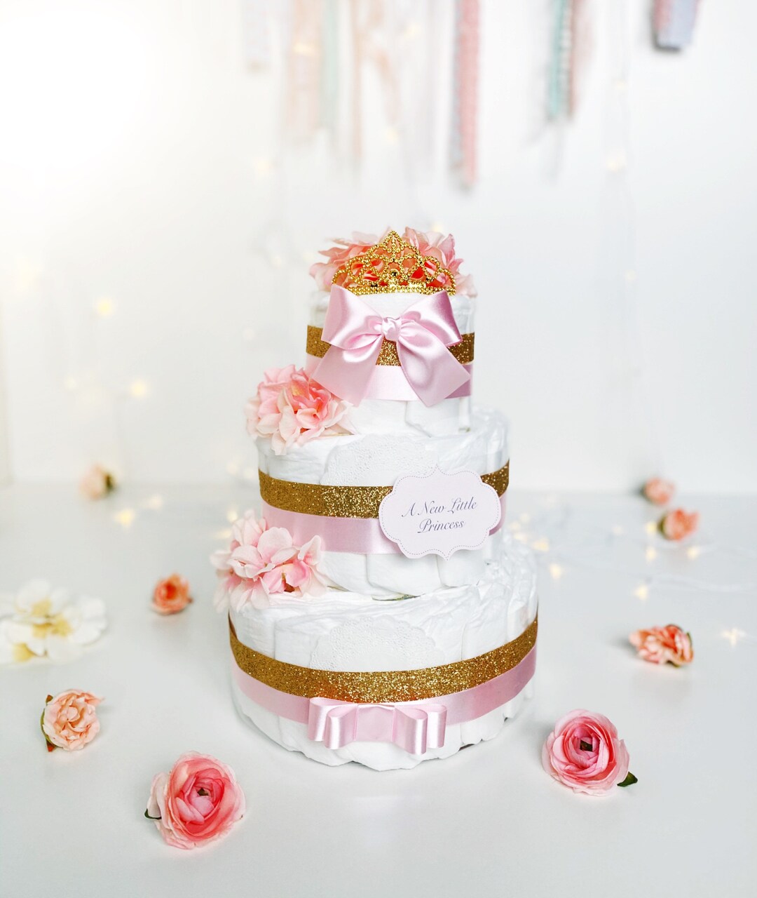 Baby Girl Princess Tiara Diaper Cake / Gold & Pink Baby Shower