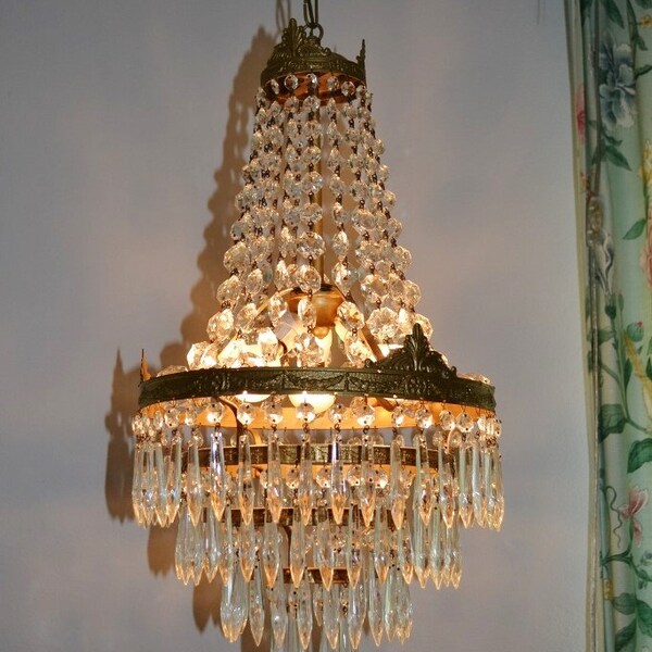 Crystal Vintage CHANDELIER Midcentury pendant lamp EMPIRE style fixture old lamp Made in ITALY 50s Shabby Chic lighting wedding gift