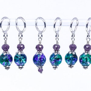 Purple/Green glass bead stitch markers for knitting and crochet, Stitch Marker set gift.