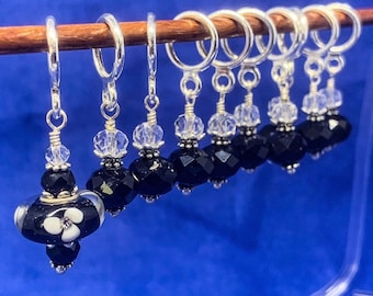 Black and clear crystal Stitch Markers for knitting/crochet with floral focal bead