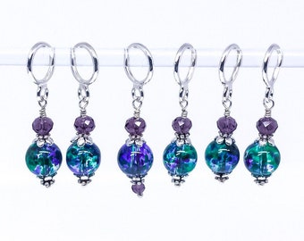 Purple/Green glass bead stitch markers for knitting and crochet, Stitch Marker set gift.