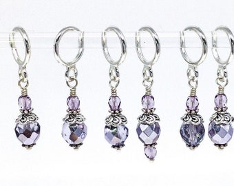 Lilac Stitch Markers for lace knitting; glass bead stitch marker set for knit and crochet; Optional Sari Silk notions bag