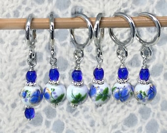 White & blue floral porcelain stitch markers for knitting and crochet