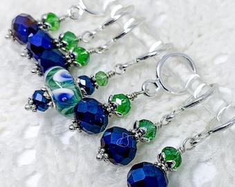 Stitch Markers, Knitting Gift Set, Royal blue & green peacock feather glass bead knitting notions, Optional silk notions bag