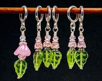 Pink glass flower w/ leaf Stitch Markers for knitting & crochet. Stitch marker gift set, optional silk notions bag