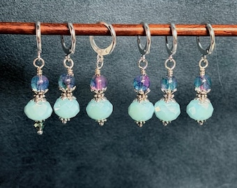 Aqua Jade Glass Stitch Markers: Knitting Crochet Tool, Optional Silk Bag