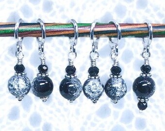 Stitch Markers for Knitting, Black and clear glass bead stitch markers for knitting and crochet