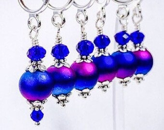 Knitting stitch markers, frost sapphire blue & pink glass bead stitch marker set, gift for knitter or crochet