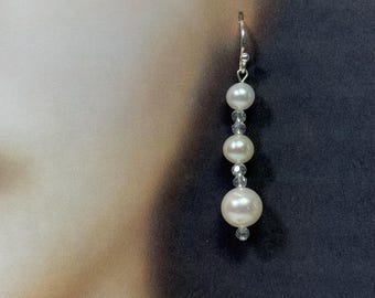 Fresh water pearl, clear Swarovski crystal drop earrings, Sterling Silver hooks, optional silk gift bag