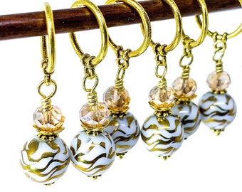 Stitch markers for Knitting, Miniature holiday ornaments, Gold metallic glass bead markers, Holiday stitch markers