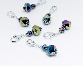 Crochet Stitch Markers / Metallic Peacock Glass Bead Clip Crochet Markers / Gift for Knitting and Crochet