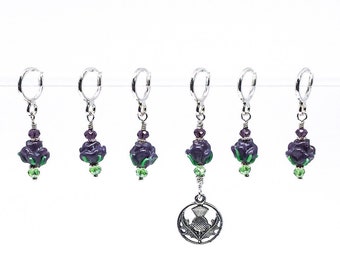 Stitch Markers for Knitting, Purple glass flower w Thistle charm, stitch marker set, Scottish theme,  Optional silk notions bag