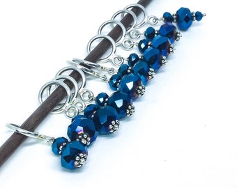 Knitting Stitch Markers, Sapphire Blue Glass Bead Markers, Stitch Marker Set, Gift for Knitters