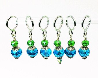 Stitch Markers for Knitting turquoise and lime glass bead knitting markers with decorative cap