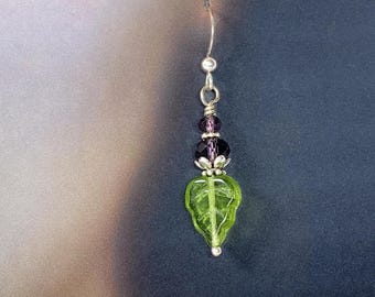Purple crystal with leaf drop earrings, Sterling Silver hooks, optional silk gift bag