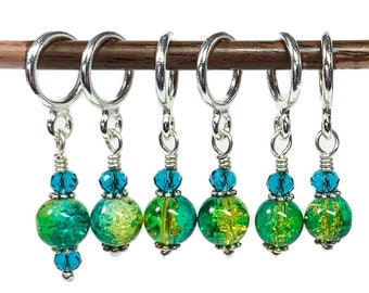 Turquoise blue/lime green Serendipity Stitch Markers for knitting & crochet, optional silk gift bag