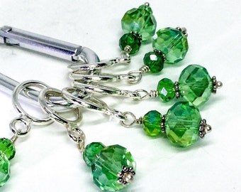 Knitting stitch markers, Lime Green crystal glass bead, snag free stitch markers for knitting or crochet, Optional Silk Notions Bag