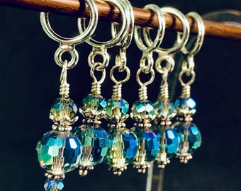 Teal green blue crystal Serendipity Stitch Markers for knitting, knitting/crochet gift, Snag free, size 0-13