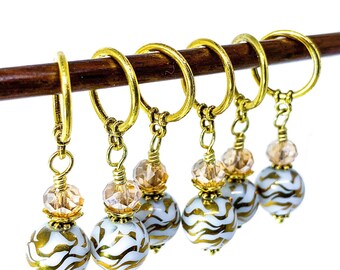 Gold/white glass mini Christmas ornament knitting stitch markers. Gift for knitting &crochet optional silk bag.