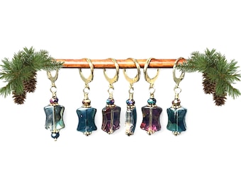Crystal Stitch Markers: Green/Red Knitting Crochet Tool, optional silk notions bag
