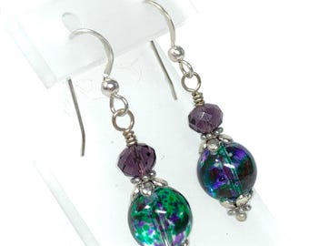 Green Purple glass bead and purple crystal, antique silvertone drop earrings, Sterling Silver hooks, optional silk gift bag