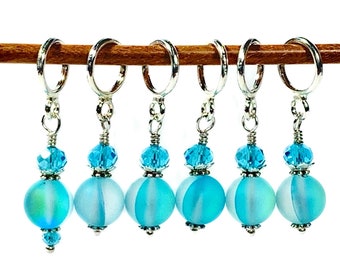 Turquoise/Aqua Mermaid Glass stitch markers for knitting & crochet. Gift under 20.