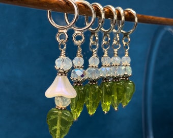 Flower w/leaf Stitch Markers for knitting & crochet. White “Moonstone” crystal glass Stitch marker gift set,