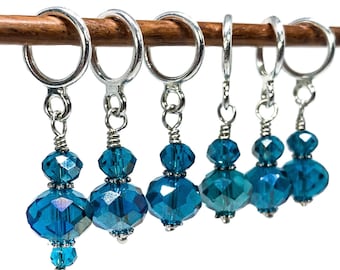 Teal blue green crystal glass stitch markers for knitting and crochet. Optional silk notions bag. Gift under 20