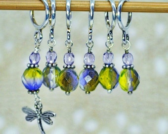 Purple and olive green stitch markers for knitting and crochet with charm