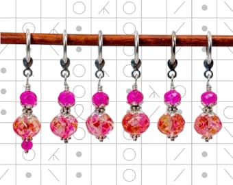 Coral hot pink glass bead stitch markers for knitting and crochet, Stitch Marker set gift.