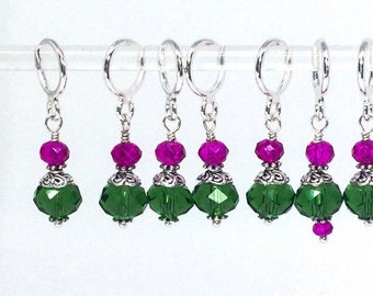 Emerald green and fuschia Serendipity Stitch Markers for knitting & crochet with optional silk bag for notions. Knit and crochet gift