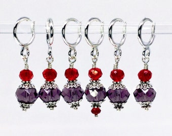 Knitting stitch markers, red and purple crystal glass bead stitch marker gift set for knitting & crochet