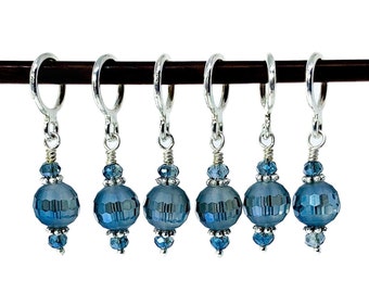 Navy Blue stitch markers for knitting and crochet, optional silk gift bag. Set of 4, 6 or 10 stitch markers