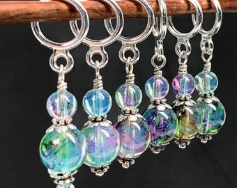 Opal glass bead stitch markers, Stitch marker set for knitting or crochet, optional silk gift bag, multicolor knitting markers