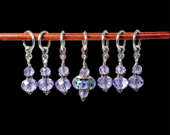 Lavender Crystal Stitch Markers: Lampwork Floral Beginning of Round Bead for Knitting Crochet with optional gift bag